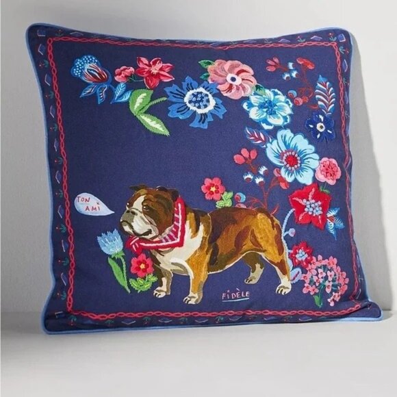 NEW Anthropologie Nathalie Lete Embroidered Throw Pillow Dog Flowers Country - Picture 1 of 5